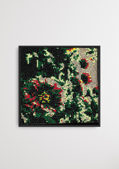 Framed vivid full-bloom floral glass bead artwork, traditional Gujarati beadwork wall decoration.
