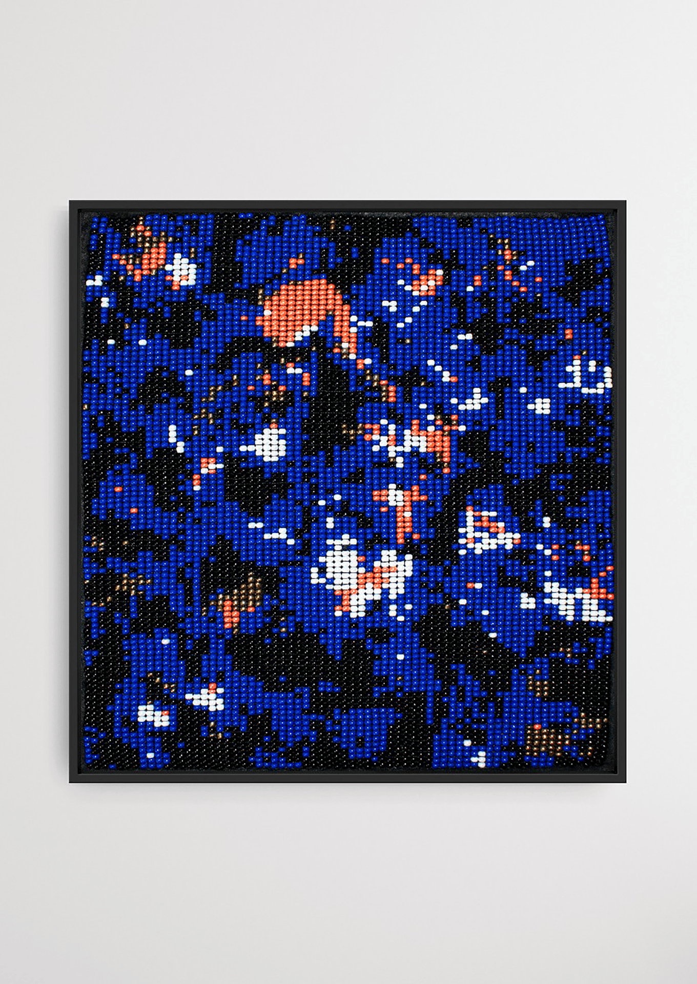 Framed blue marine-toned glass bead-loom artwork, handwoven Gujarati beadwork wall decor.