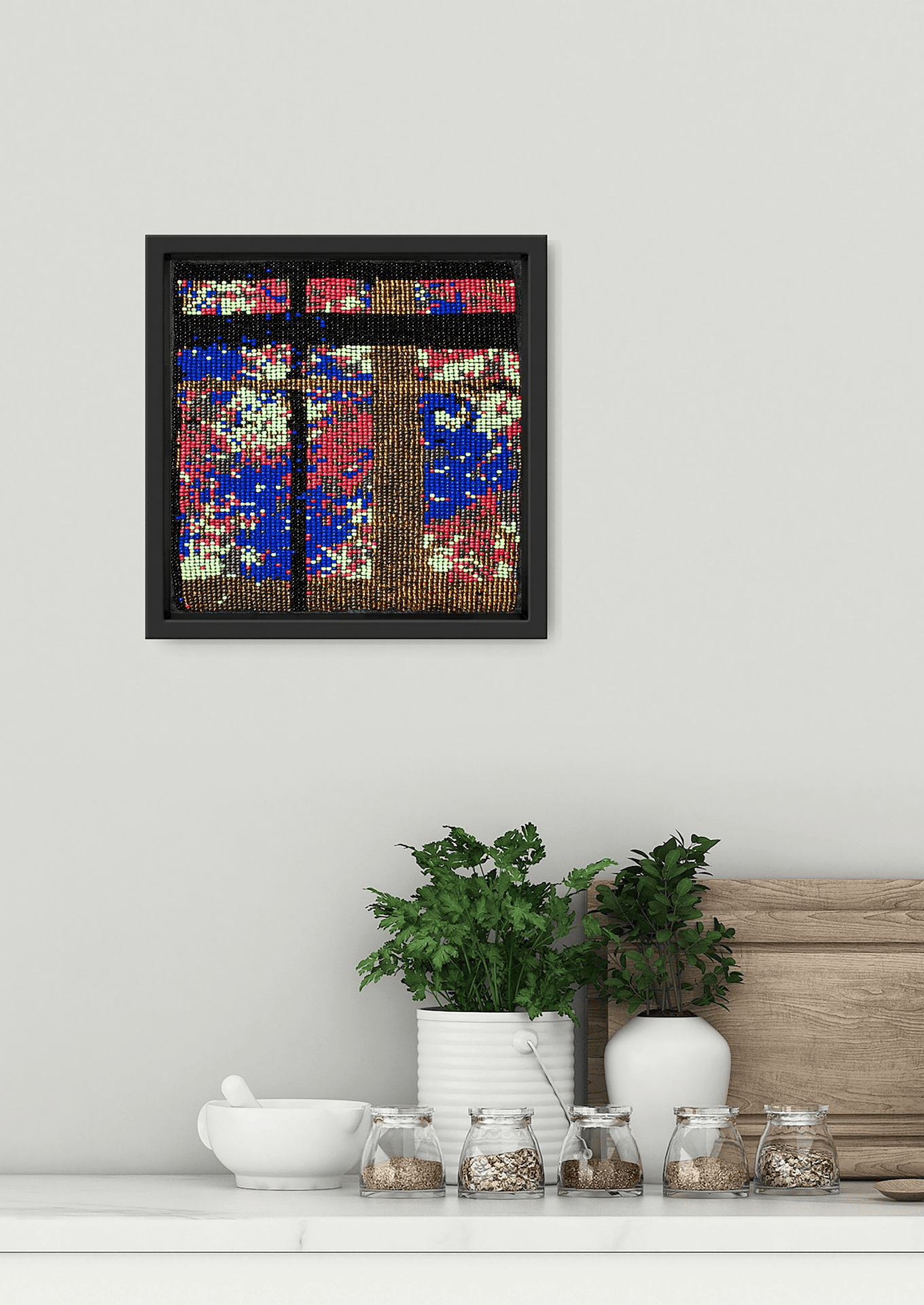Geometric glass beadwork displayed in a room setting, traditional Indian home interior art.