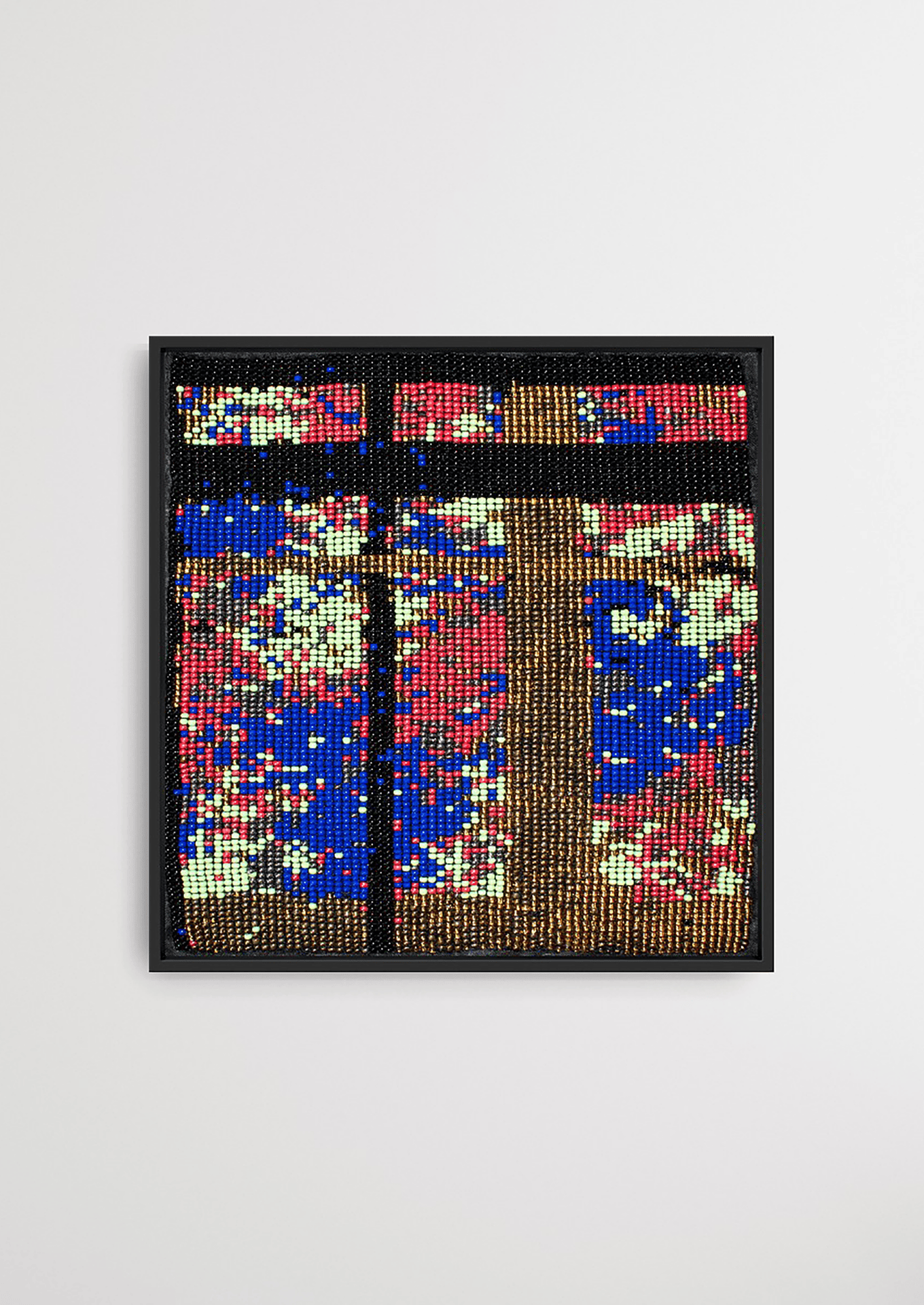 Framed blue and yellow grid pattern glass bead artwork, authentic Gujarati handicraft decor.