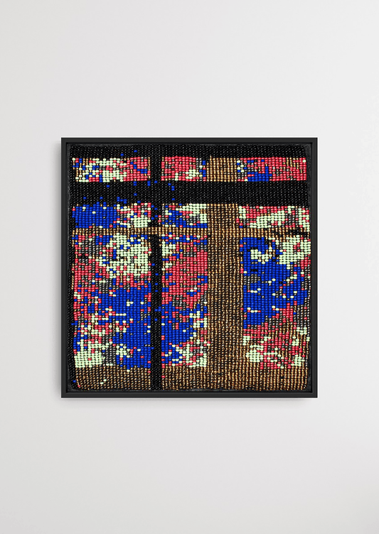 Framed blue and yellow grid pattern glass bead artwork, authentic Gujarati handicraft decor.