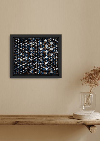 Bright reflective bead-loom wall art styled in a modern room, premium Indian interior decoration.