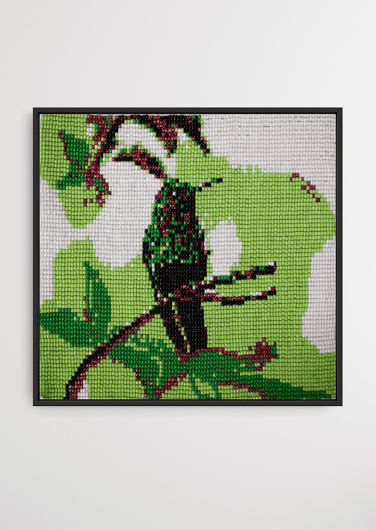 Framed woodpecker bird on a tree glass bead artwork, premium Gujarati handwoven wall decor.