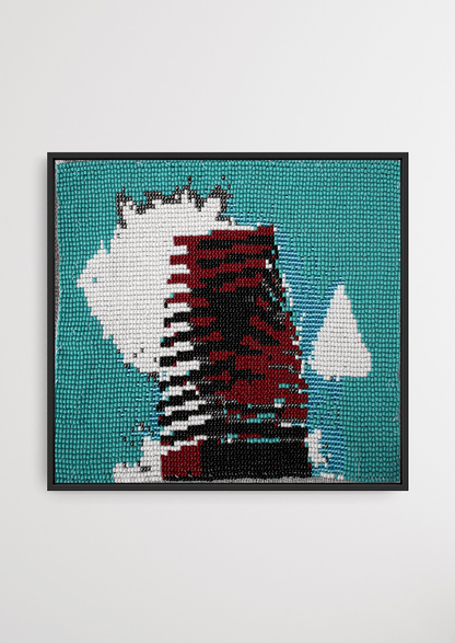 Framed teal and dark red tower silhouette glass bead artwork, handcrafted Gujarati heirloom decor.