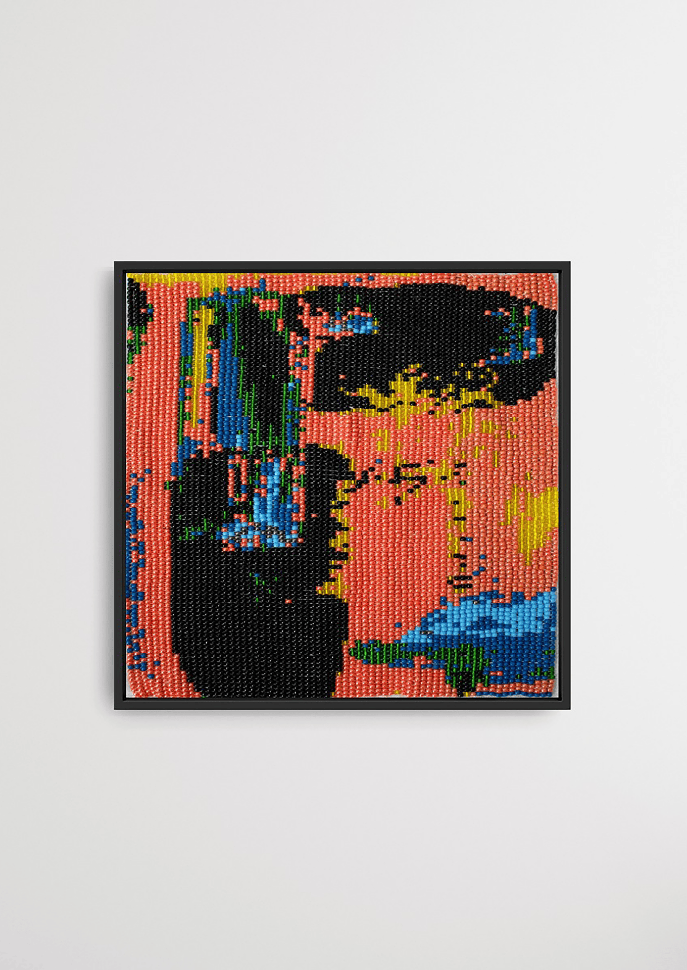 Framed multi-colored vertical minimal glass bead artwork, traditional Gujarati handicraft decor.