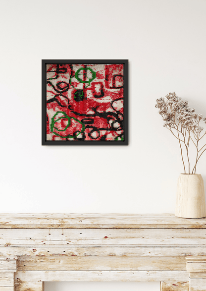Close-up of divided structural beadwork patterns, authentic Indian handicraft wall hanging.
