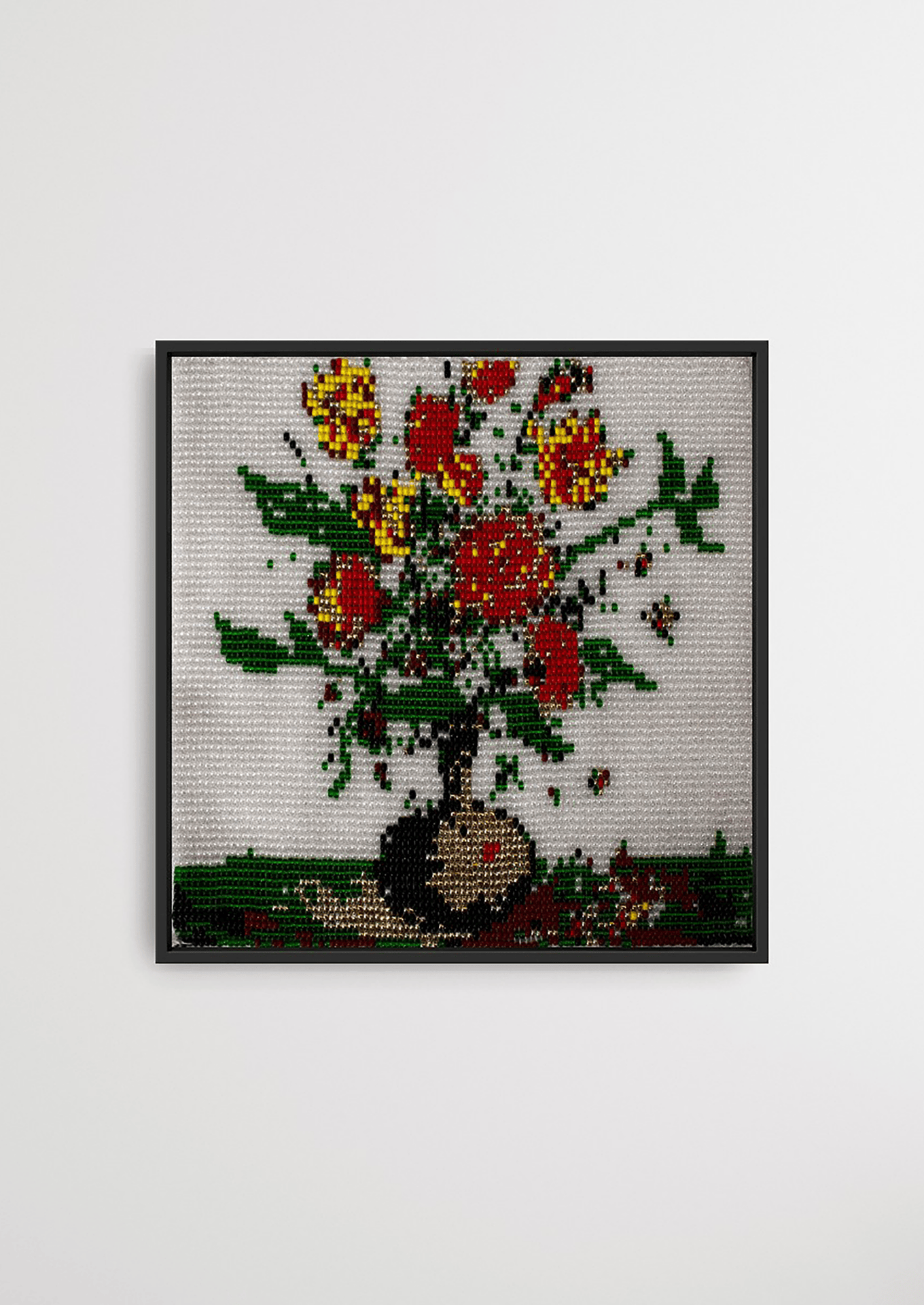 Framed floral bouquet glass bead artwork, handcrafted Gujarati heirloom wall decor.