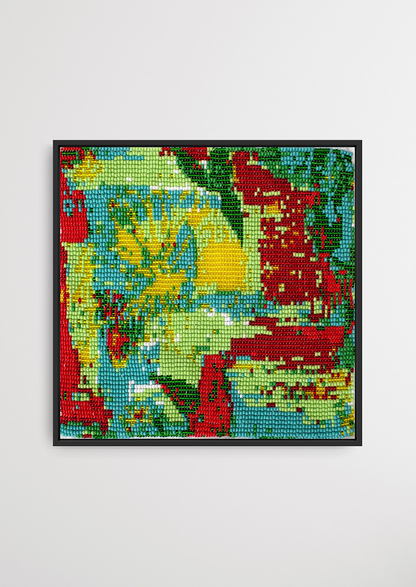 Framed green, yellow, and red rhythmic pattern glass bead artwork, handcrafted Gujarati decor.