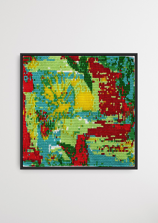 Framed green, yellow, and red rhythmic pattern glass bead artwork, handcrafted Gujarati decor.
