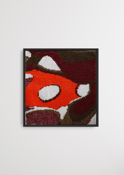 Framed orange and brown abstract glass bead artwork, handcrafted Gujarati heirloom wall decor.