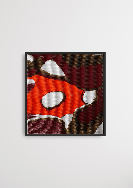 Framed orange and brown abstract glass bead artwork, handcrafted Gujarati heirloom wall decor.