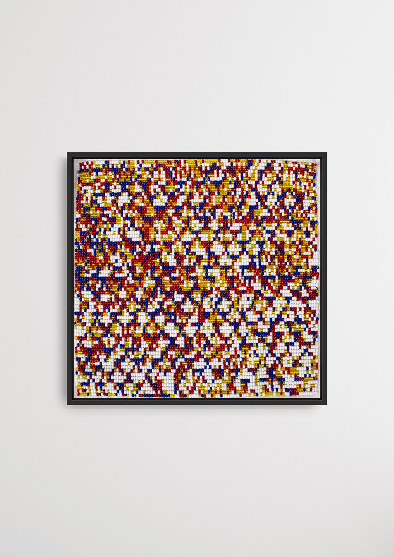 Intricate glass bead-loom paths stitched on cotton, traditional Indian handicraft wall art.