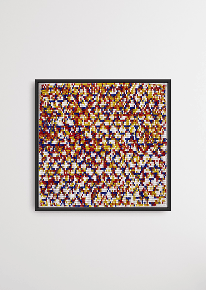 Intricate glass bead-loom paths stitched on cotton, traditional Indian handicraft wall art.