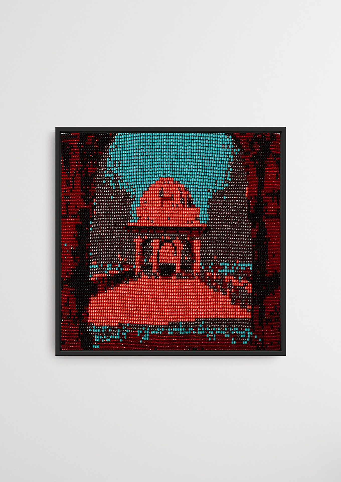 Framed red architectural old fort glass bead artwork, handcrafted Gujarati heirloom decor.