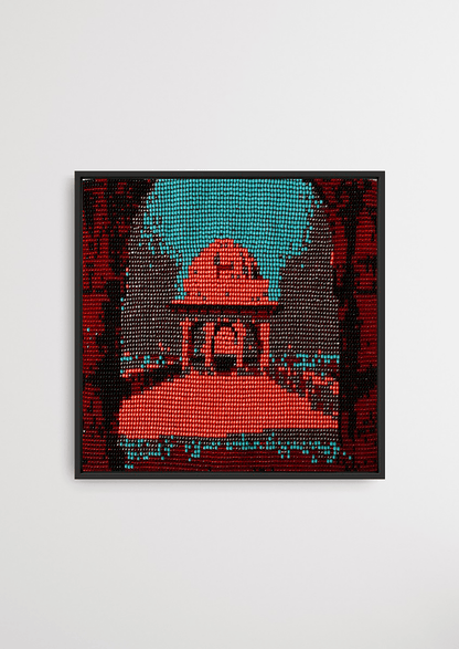 Framed red architectural old fort glass bead artwork, handcrafted Gujarati heirloom decor.