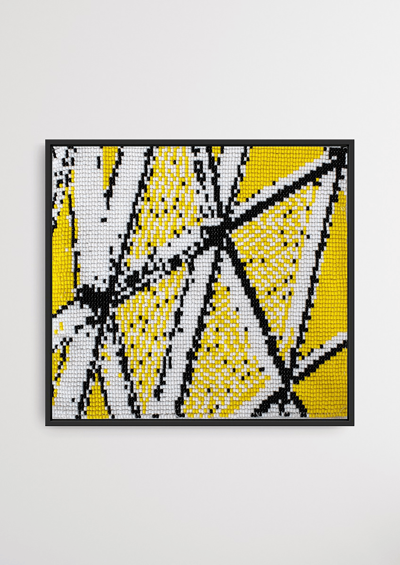 Framed yellow geometric glass bead-loom artwork, handcrafted Gujarati heirloom wall decor.