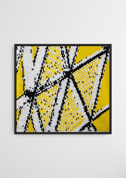 Framed yellow geometric glass bead-loom artwork, handcrafted Gujarati heirloom wall decor.