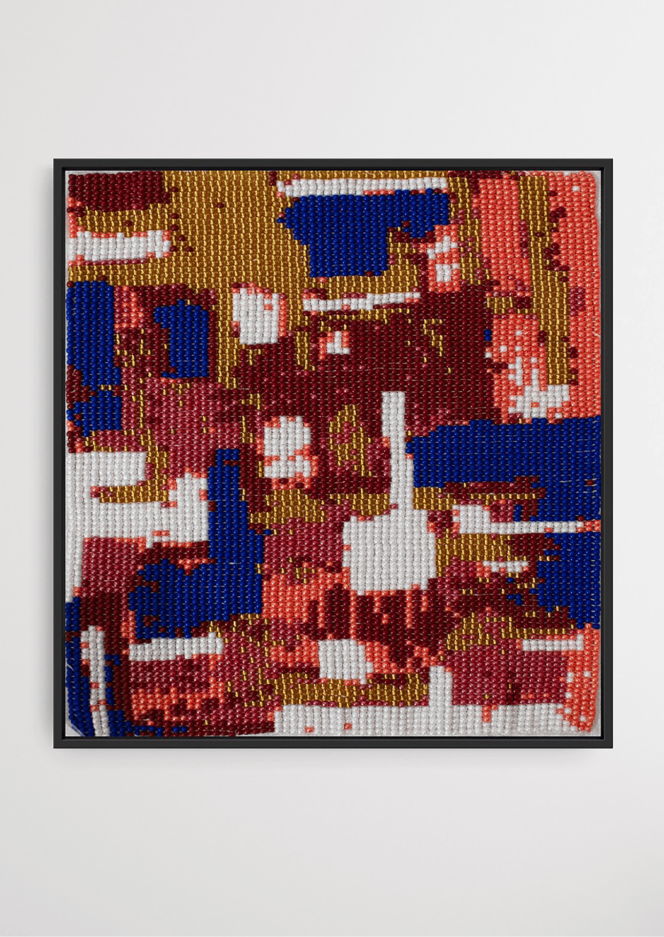 Framed colorful abstract geometric puzzle glass bead artwork, handwoven Gujarati beadwork decor.