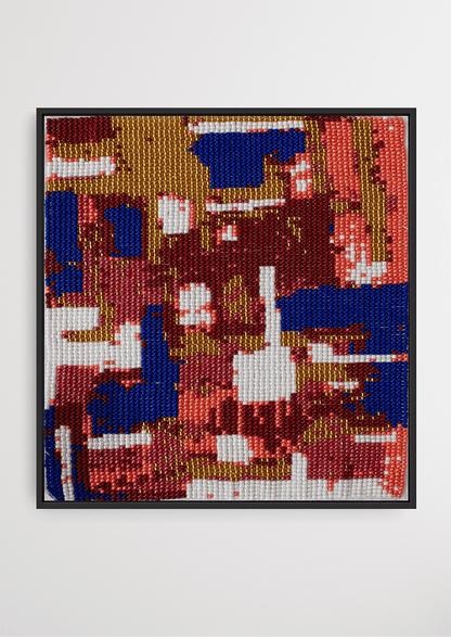 Framed colorful abstract geometric puzzle glass bead artwork, handwoven Gujarati beadwork decor.