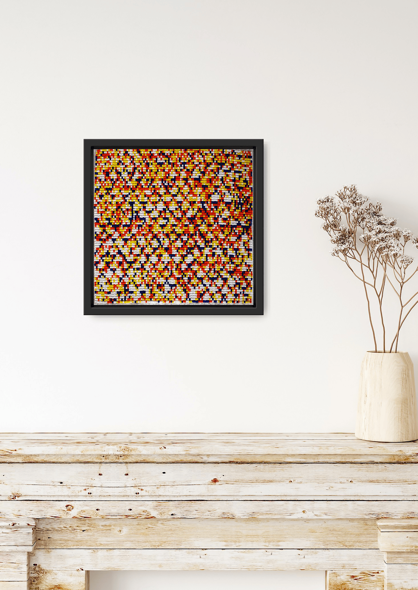 Detailed intricate twisting bead-loom pattern, traditional Indian heirloom home wall decor.