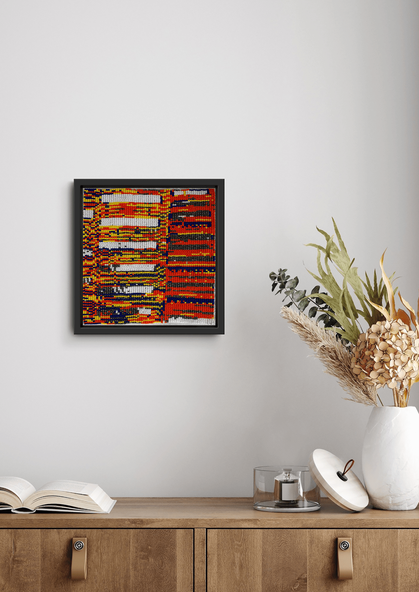 Framed multi-colored intricate geometric glass bead artwork, traditional Gujarati heirloom wall decor.
