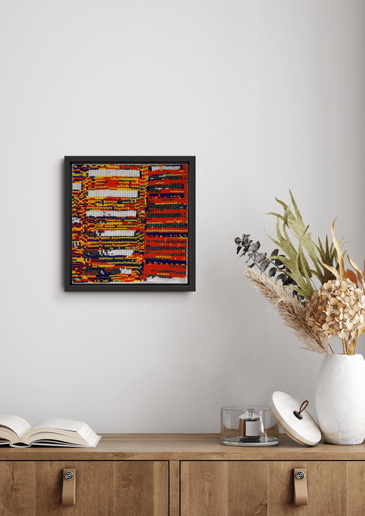 Framed multi-colored intricate geometric glass bead artwork, traditional Gujarati heirloom wall decor.
