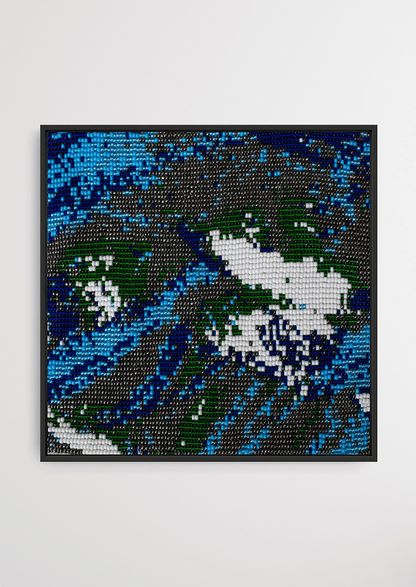 Framed dark blue and green abstract glass bead artwork, handcrafted Gujarati heirloom wall decor.