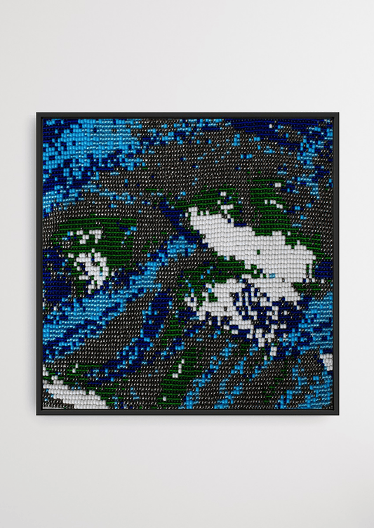Framed dark blue and green abstract glass bead artwork, handcrafted Gujarati heirloom wall decor.