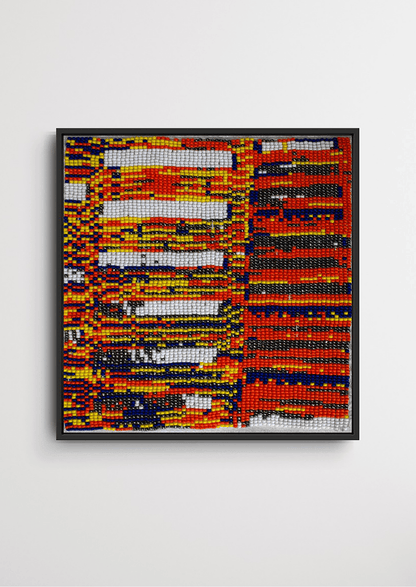 Framed multi-colored intricate geometric glass bead artwork, traditional Gujarati heirloom wall decor.