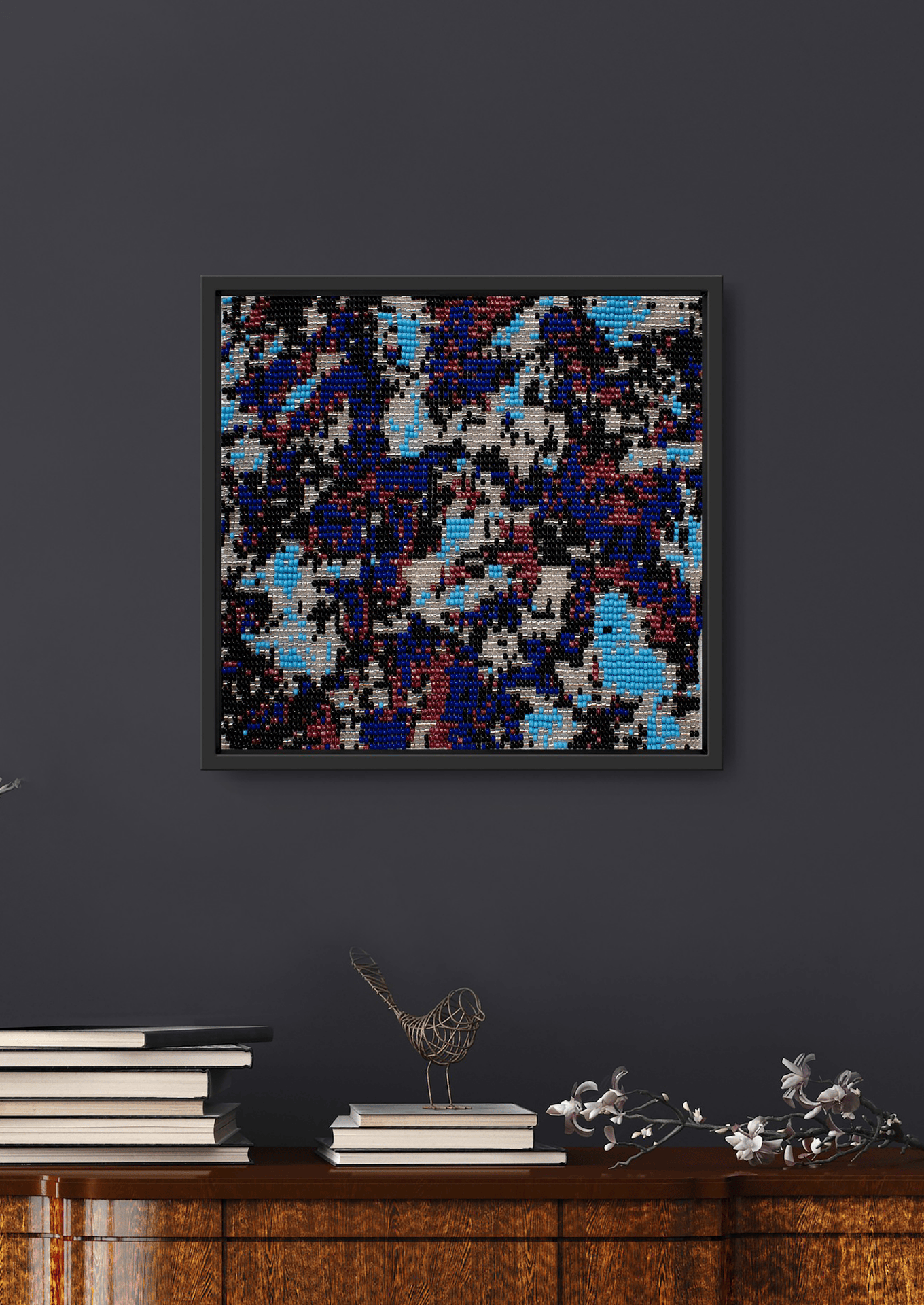 Framed blue and brown speckled glass bead artwork, handwoven Gujarati beadwork wall decor.