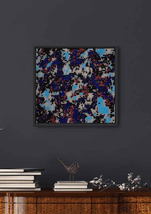 Framed blue and brown speckled glass bead artwork, handwoven Gujarati beadwork wall decor.