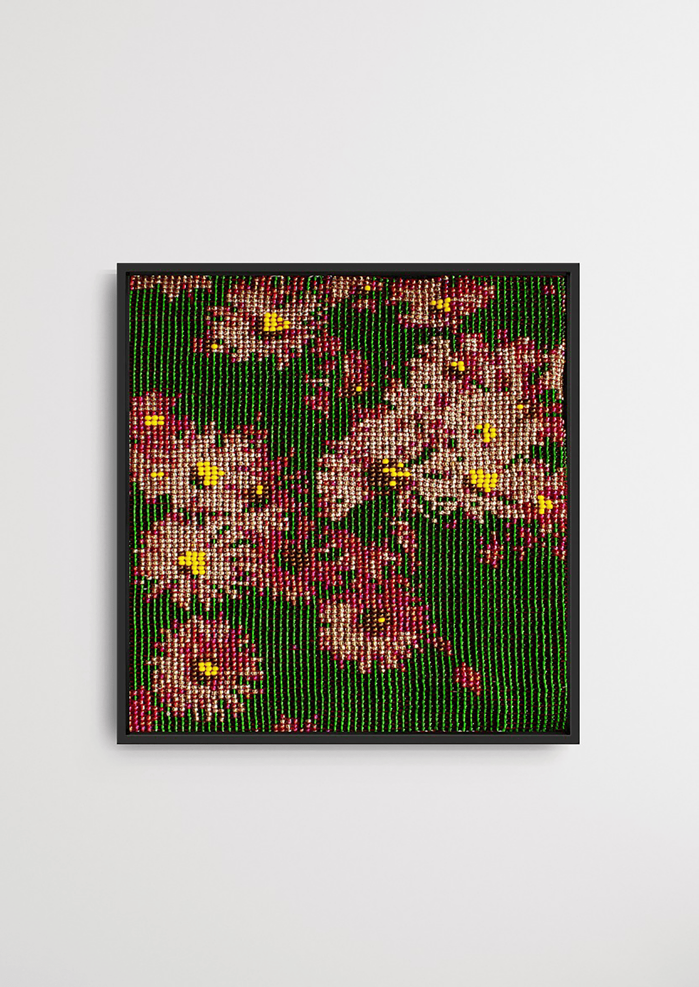 Framed dark floral pattern glass bead artwork, handcrafted Gujarati heirloom wall decor.