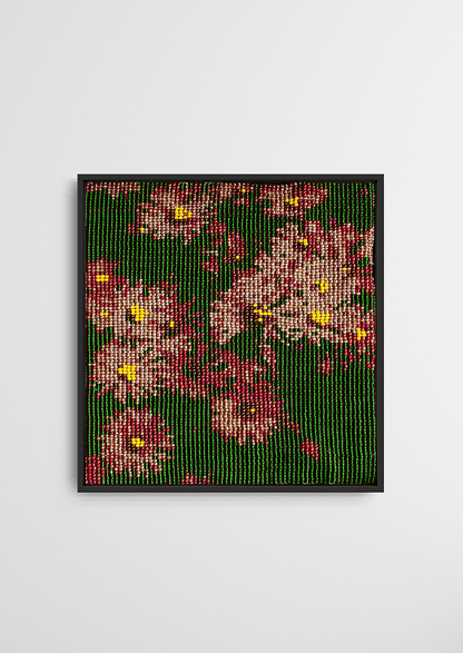 Framed dark floral pattern glass bead artwork, handcrafted Gujarati heirloom wall decor.