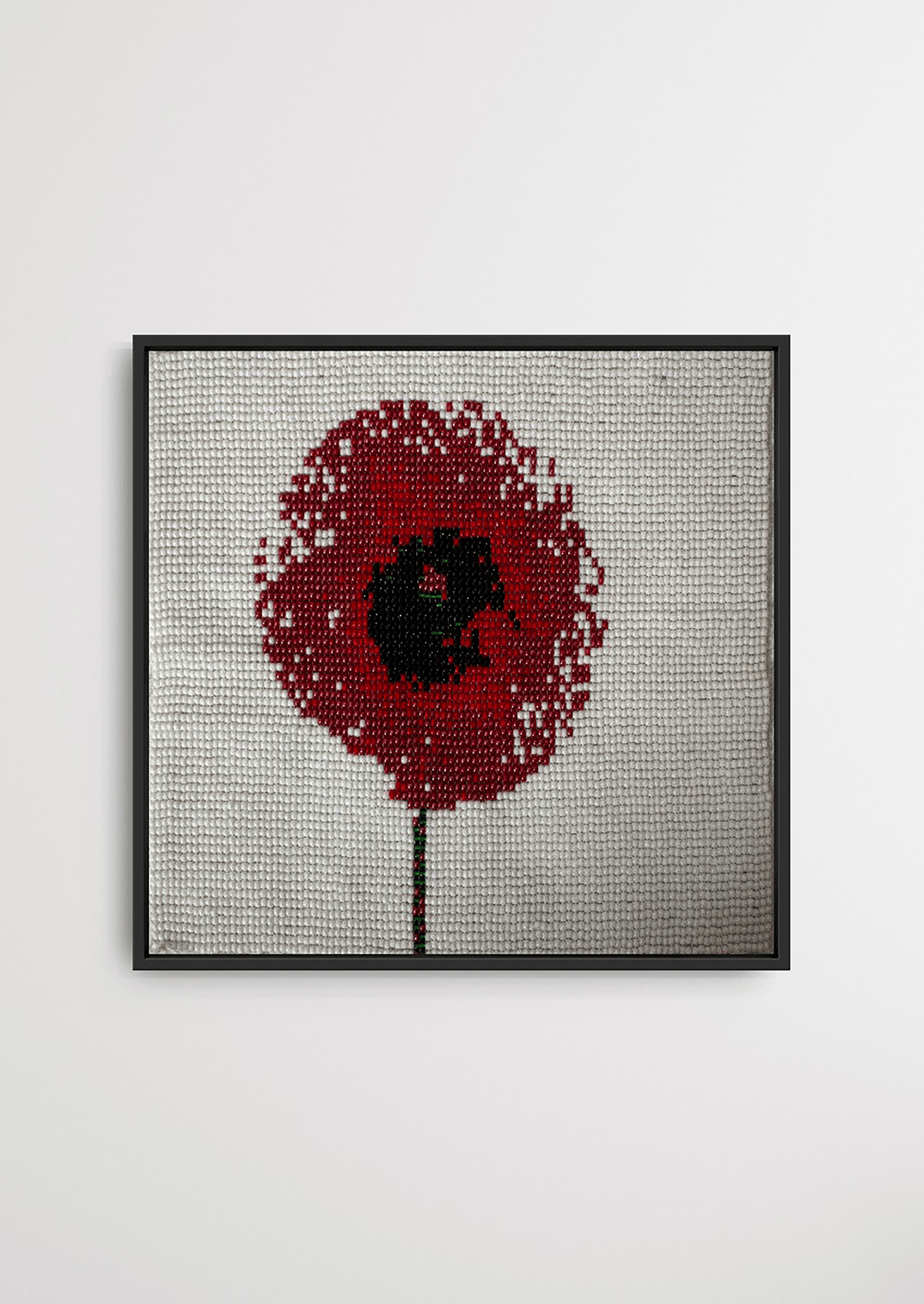 Framed large red floral motif glass bead artwork, handcrafted Gujarati heirloom wall decoration.