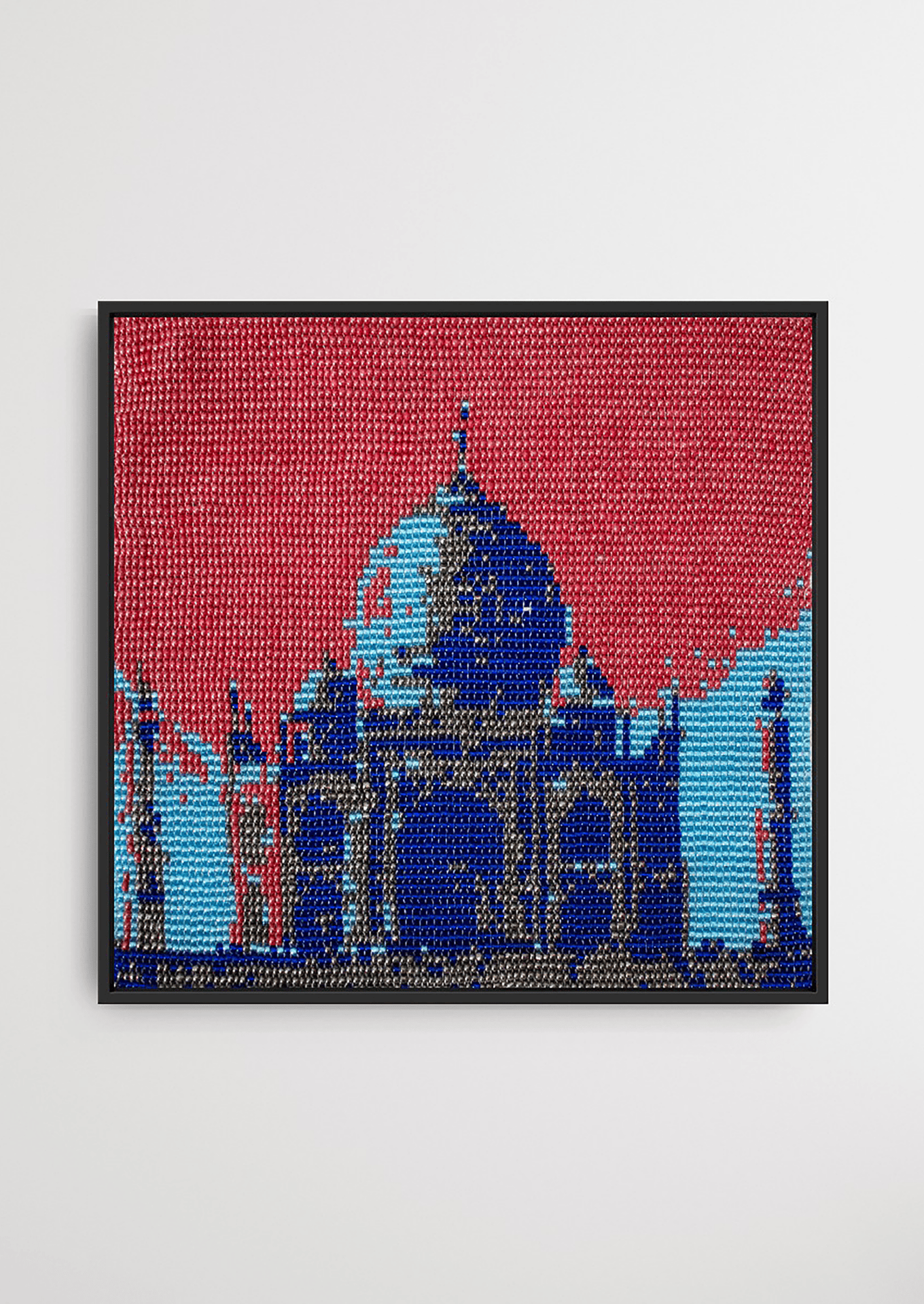 Framed blue Taj Mahal architectural glass bead artwork, traditional Gujarati beadwork art.