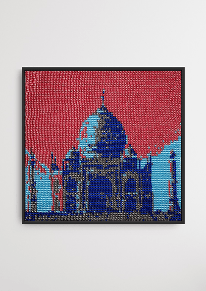 Framed blue Taj Mahal architectural glass bead artwork, traditional Gujarati beadwork art.