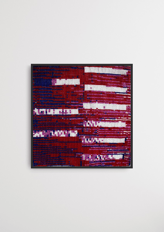 Framed red and white linear glass bead-loom artwork, traditional Gujarati handicraft wall art decor.