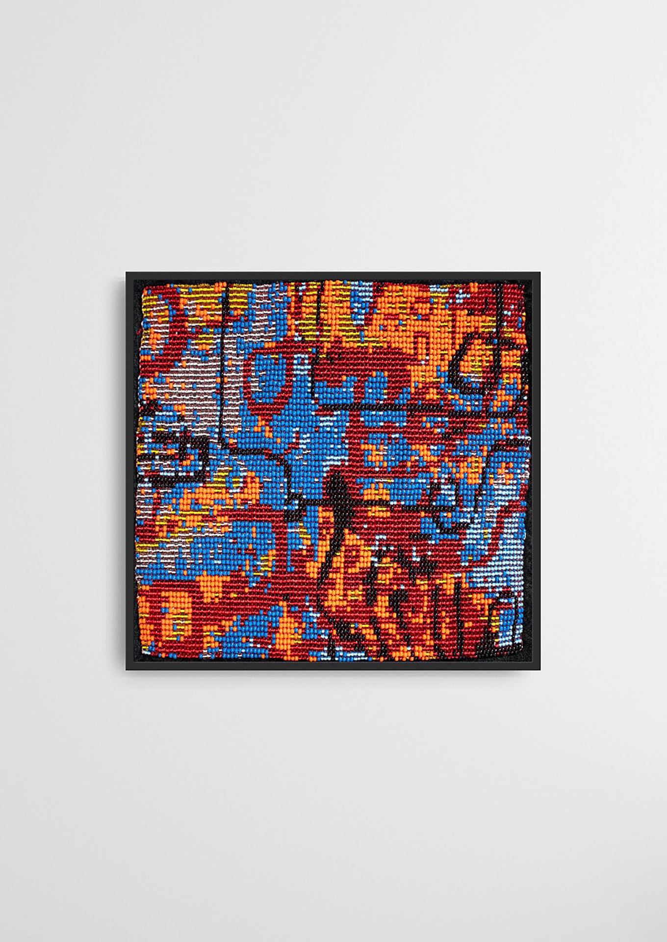 Framed geometric orange and blue glass bead artwork, traditional Gujarati handicraft wall art.