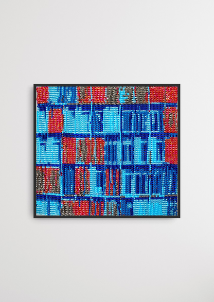 Framed blue and red square pattern glass bead artwork, premium Gujarati handicraft wall decor.