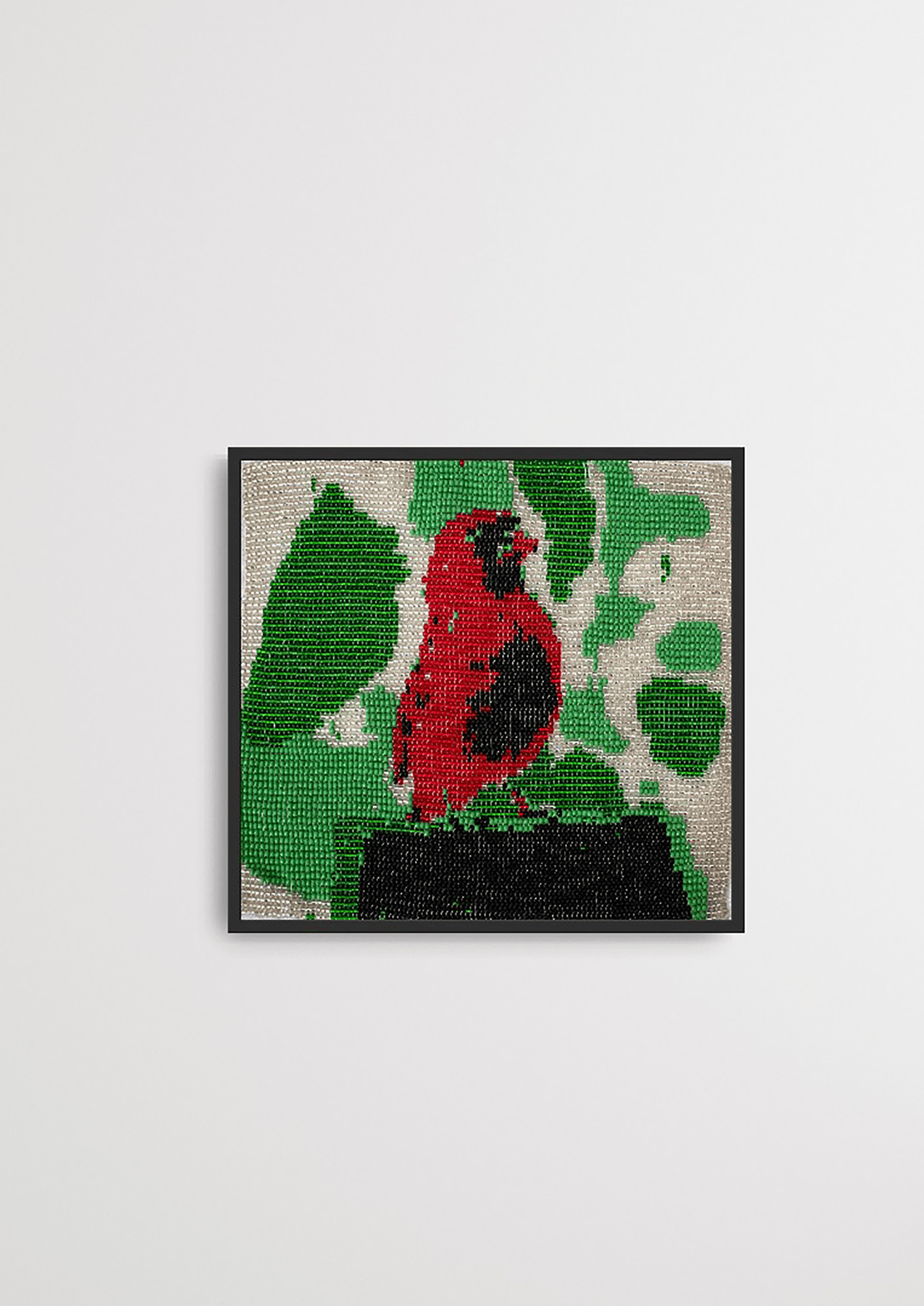 Framed small perched bird glass bead artwork, handwoven Gujarati heirloom beadwork wall decor.