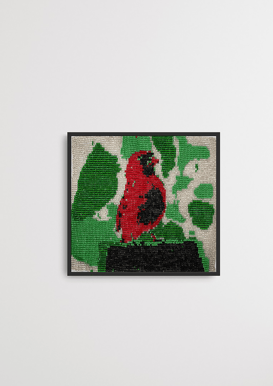 Framed small perched bird glass bead artwork, handwoven Gujarati heirloom beadwork wall decor.