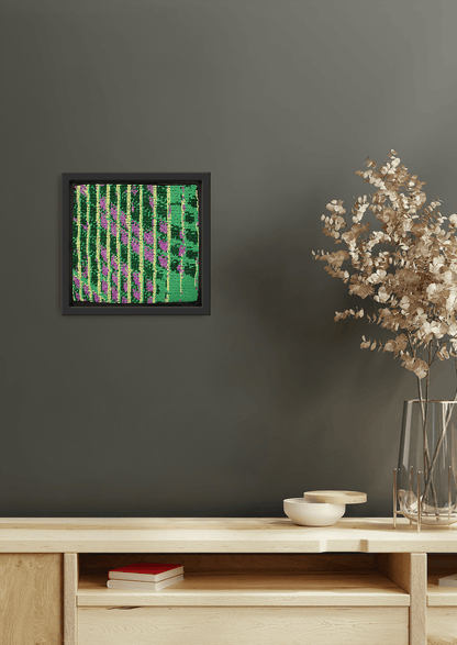 Soft lilac tone bead-loom piece styled next to light furniture with dark wall background, traditional Indian room accessory.