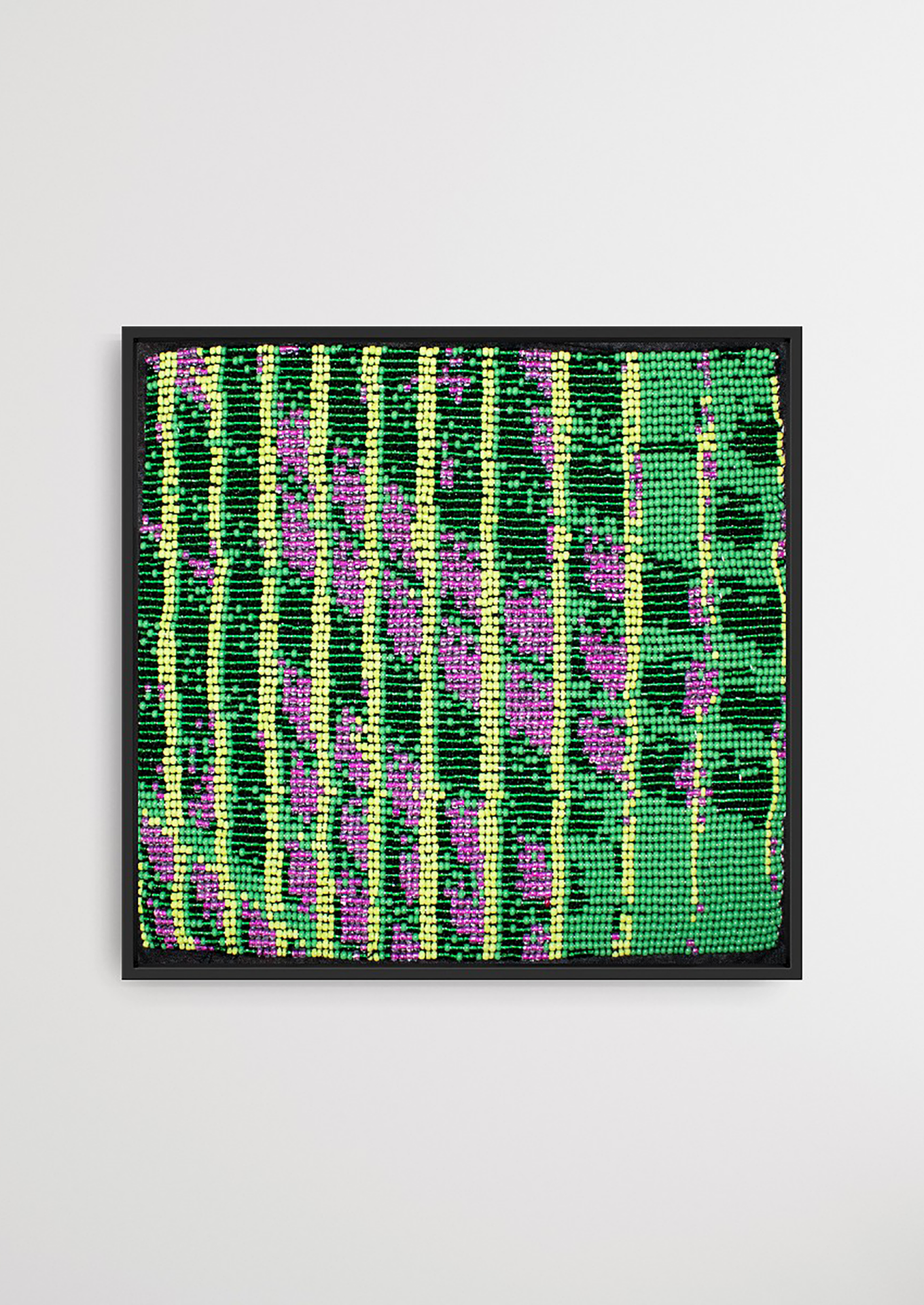 Framed green and lilac striped glass bead artwork, premium Gujarati handicraft wall decoration.