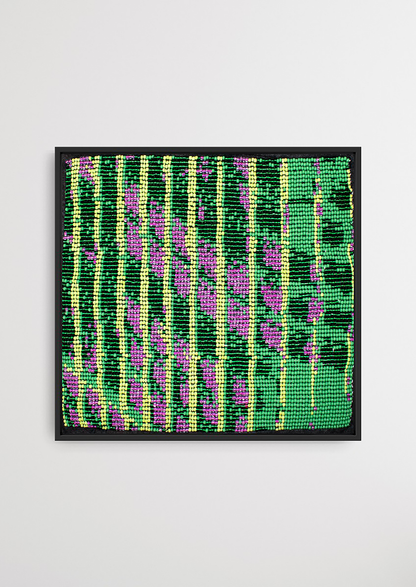 Framed green and lilac striped glass bead artwork, premium Gujarati handicraft wall decoration.