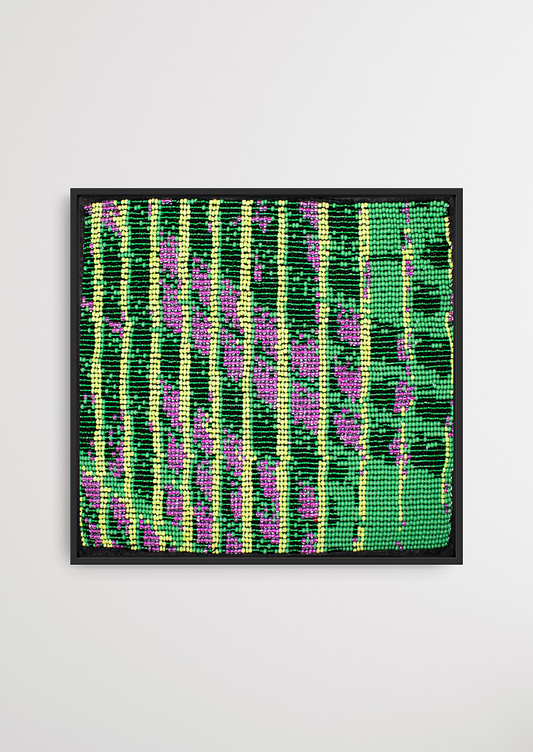Framed green and lilac striped glass bead artwork, premium Gujarati handicraft wall decoration.