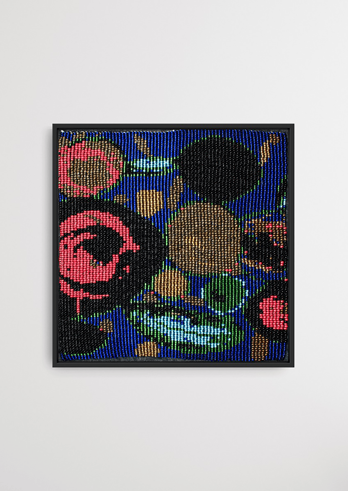 Framed multi-colored circular fluid glass bead artwork, traditional Gujarati bead-loom wall art.