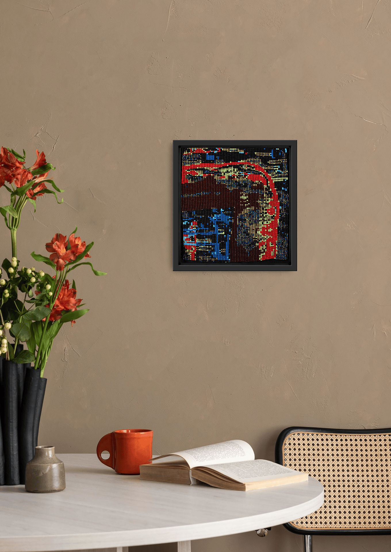 Abstract beaded Indian handicraft displayed in a bright interior setting, premium room decor.