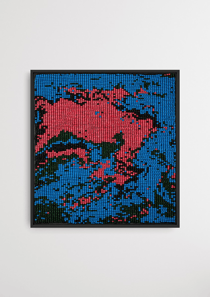 Framed oceanic blue and teal glass bead artwork, premium Gujarati handwoven beadwork wall decor.