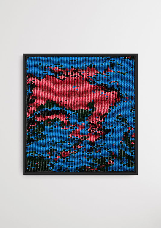Framed oceanic blue and teal glass bead artwork, premium Gujarati handwoven beadwork wall decor.
