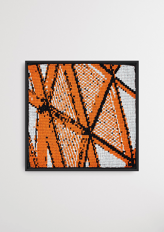 Framed orange geometric glass bead-loom artwork, handcrafted Gujarati heirloom wall decor.